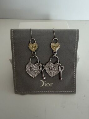 Dior Two-Tone Heart Padlock & Key Drop Earrings - Silver & Gold